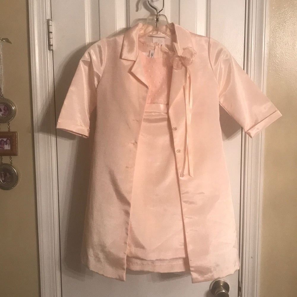 2 piece girls peach colored dress with jacket